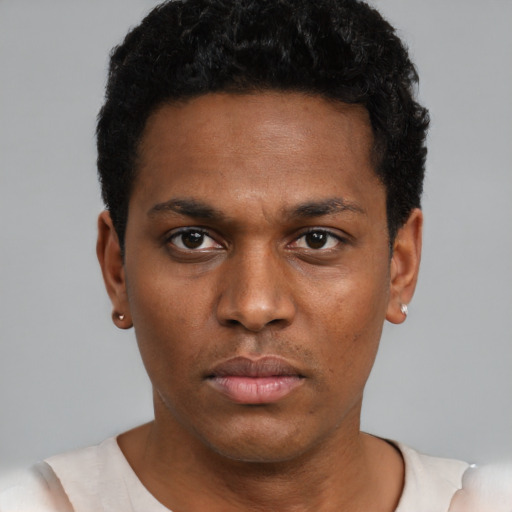 Neutral black young-adult male with short  black hair and brown eyes