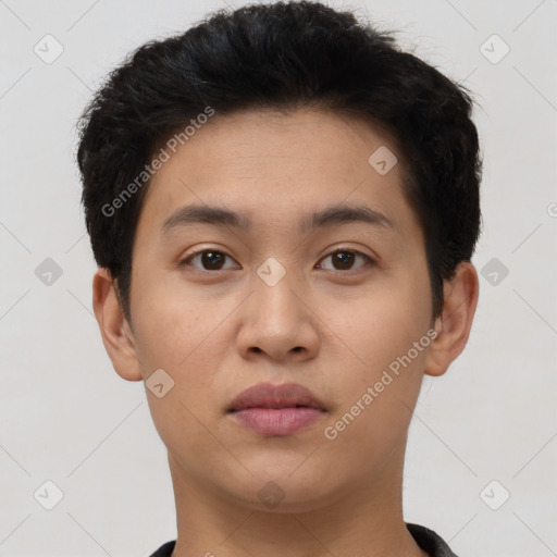 Neutral asian young-adult male with short  black hair and brown eyes