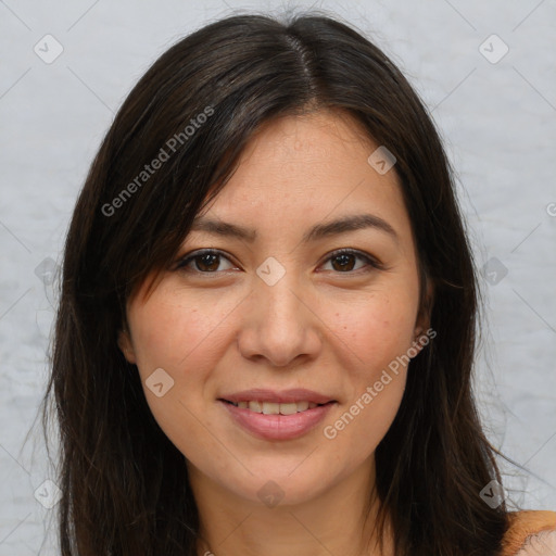 Joyful white young-adult female with long  brown hair and brown eyes