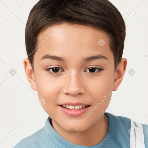 Joyful white child female with short  brown hair and brown eyes