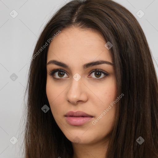 Neutral white young-adult female with long  brown hair and brown eyes