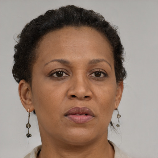 Joyful black adult female with short  brown hair and brown eyes