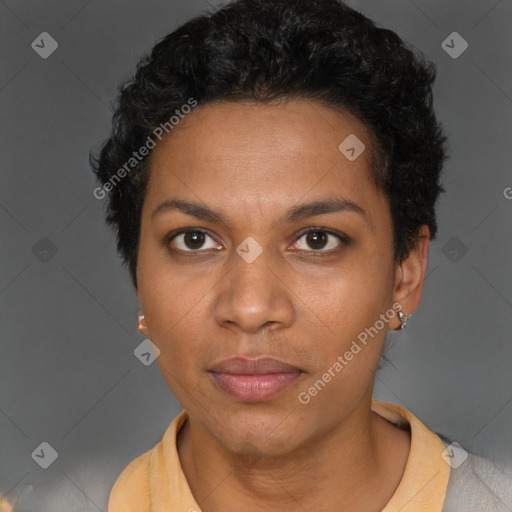 Neutral black young-adult female with short  brown hair and brown eyes