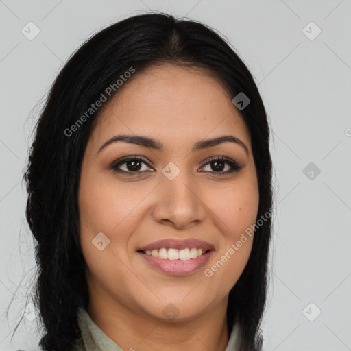 Joyful latino young-adult female with long  brown hair and brown eyes