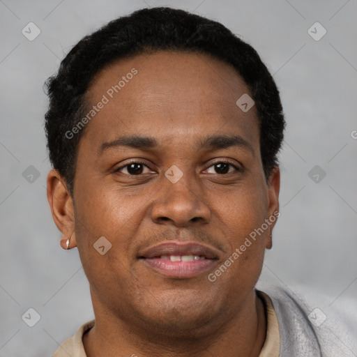 Joyful latino young-adult male with short  brown hair and brown eyes
