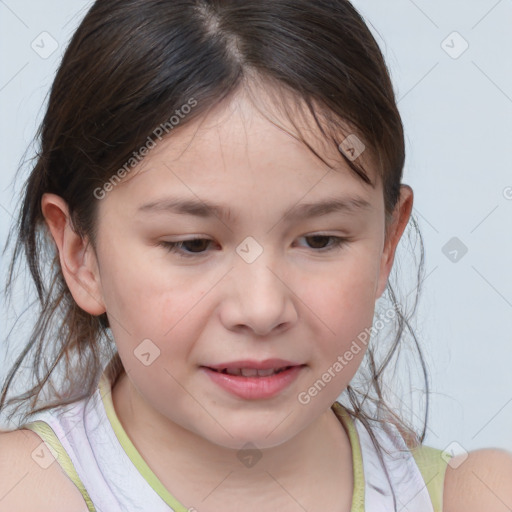 Joyful white child female with medium  brown hair and brown eyes