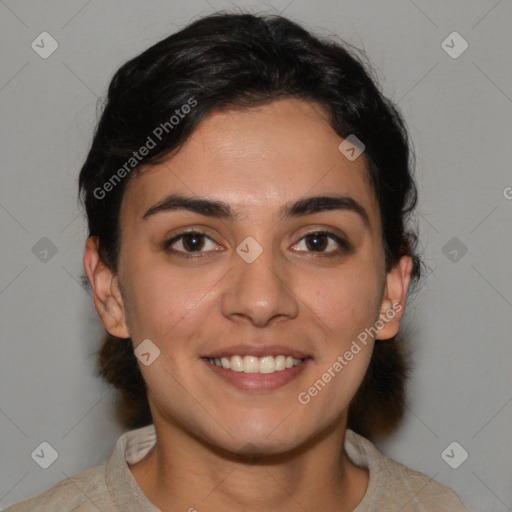 Joyful latino young-adult female with short  brown hair and brown eyes