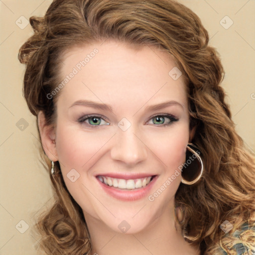 Joyful white young-adult female with long  brown hair and green eyes