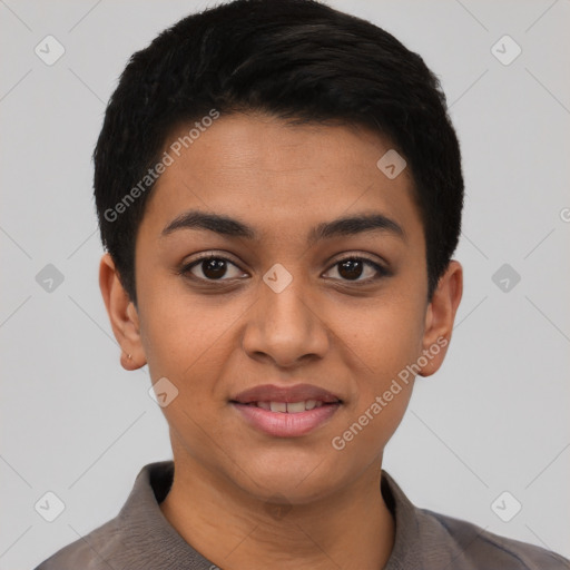 Joyful latino young-adult female with short  black hair and brown eyes