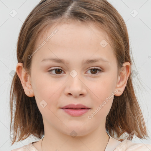 Joyful white child female with medium  brown hair and brown eyes