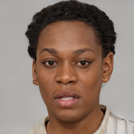 Neutral black young-adult female with short  black hair and brown eyes