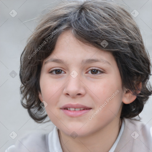 Joyful white child female with medium  brown hair and brown eyes