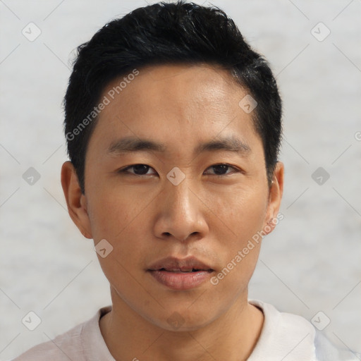 Neutral asian young-adult male with short  black hair and brown eyes