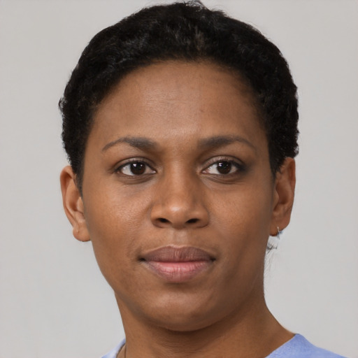 Neutral black young-adult female with short  brown hair and brown eyes