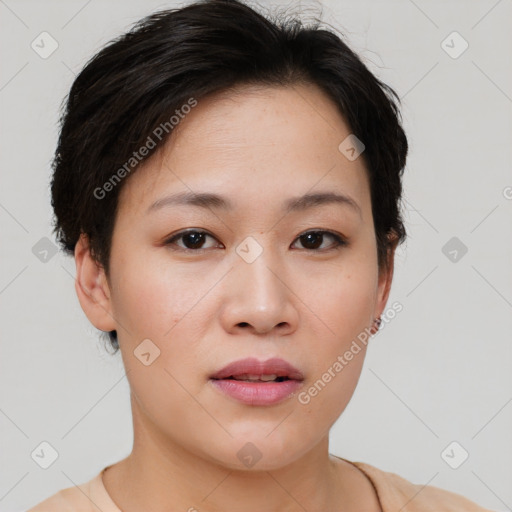 Neutral asian young-adult female with short  brown hair and brown eyes