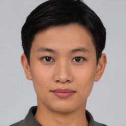 Neutral asian young-adult male with short  black hair and brown eyes