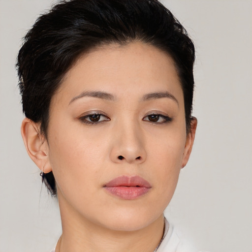 Neutral asian young-adult female with short  brown hair and brown eyes