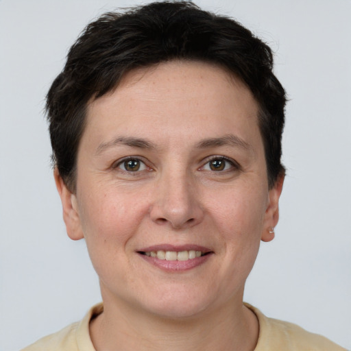 Joyful white adult female with short  brown hair and grey eyes