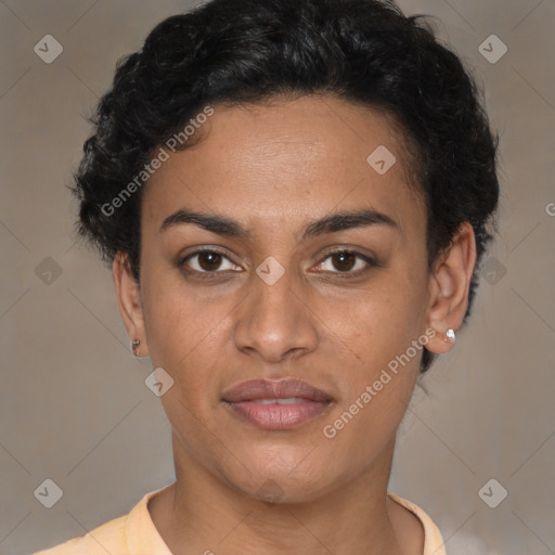 Joyful latino young-adult female with short  brown hair and brown eyes