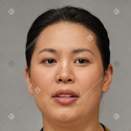 Joyful asian young-adult female with short  brown hair and brown eyes