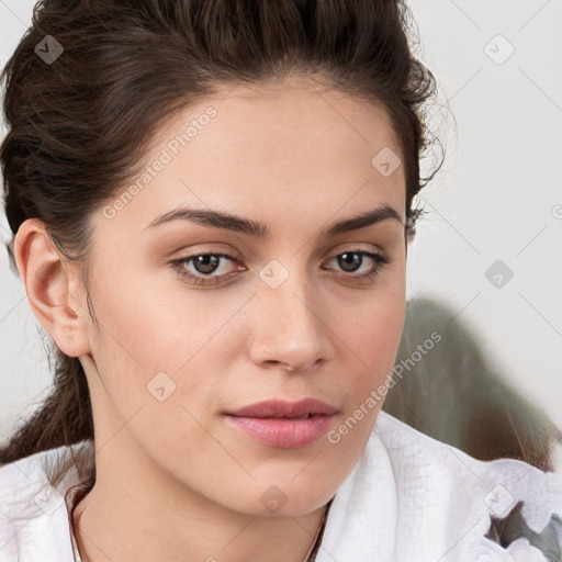 Neutral white young-adult female with medium  brown hair and brown eyes