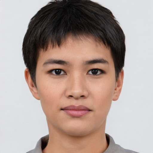 Neutral asian young-adult male with short  brown hair and brown eyes