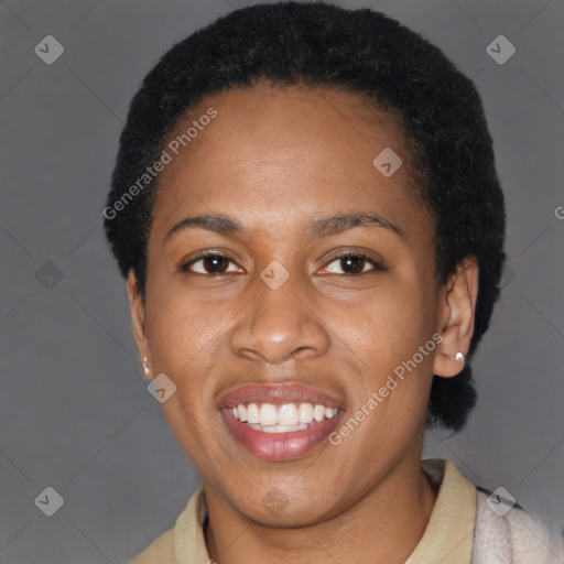 Joyful latino young-adult female with short  black hair and brown eyes