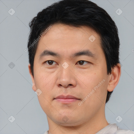 Neutral asian young-adult male with short  black hair and brown eyes