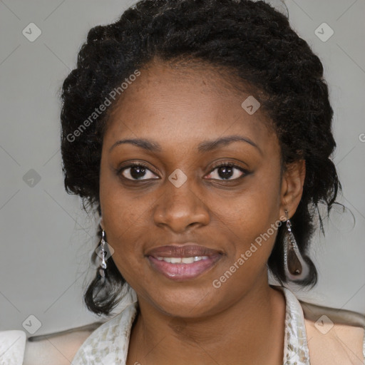 Joyful black young-adult female with medium  black hair and brown eyes