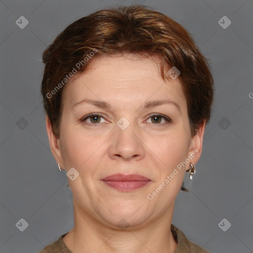 Joyful white adult female with short  brown hair and grey eyes