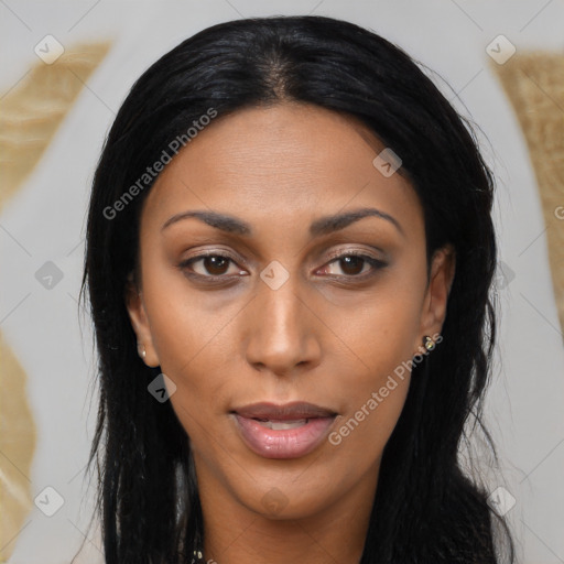 Joyful latino young-adult female with long  black hair and brown eyes