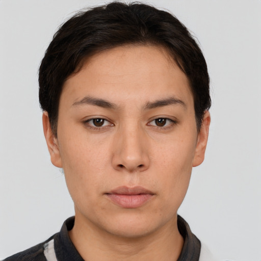 Neutral white young-adult female with short  brown hair and brown eyes