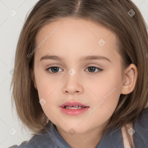 Joyful white child female with medium  brown hair and brown eyes