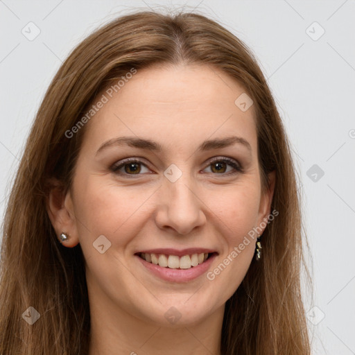 Joyful white young-adult female with long  brown hair and grey eyes