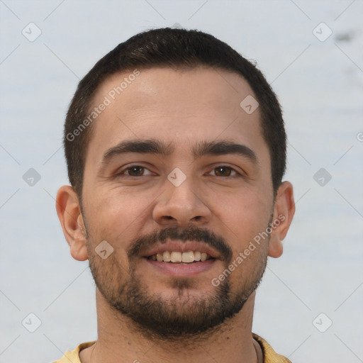 Joyful white young-adult male with short  brown hair and brown eyes