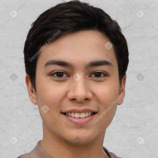 Joyful asian young-adult male with short  black hair and brown eyes