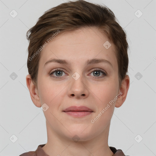 Joyful white young-adult female with short  brown hair and grey eyes