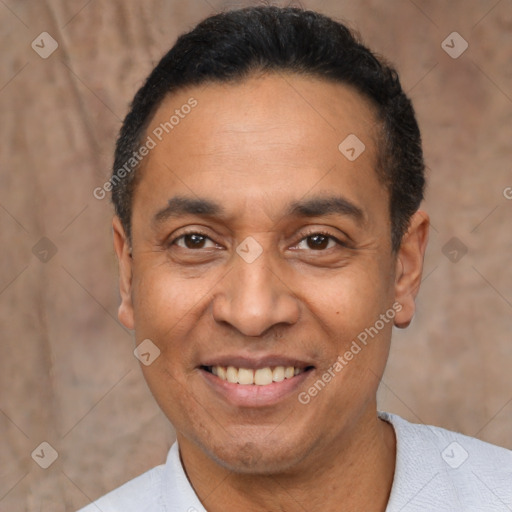 Joyful latino adult male with short  black hair and brown eyes