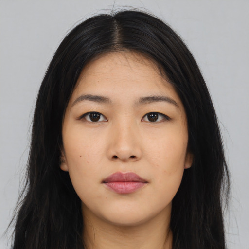 Neutral asian young-adult female with long  black hair and brown eyes