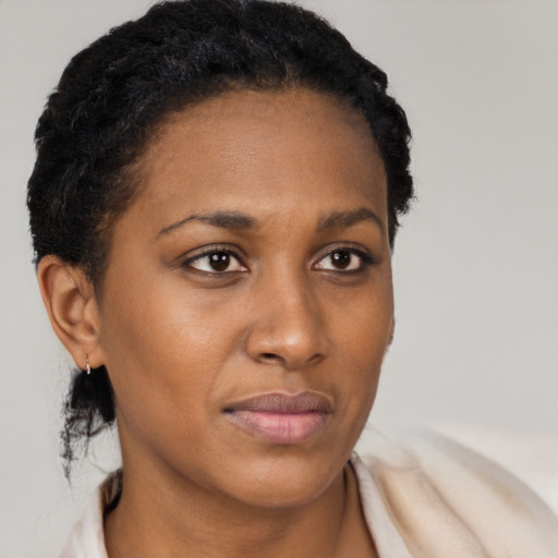 Neutral black young-adult female with short  brown hair and brown eyes