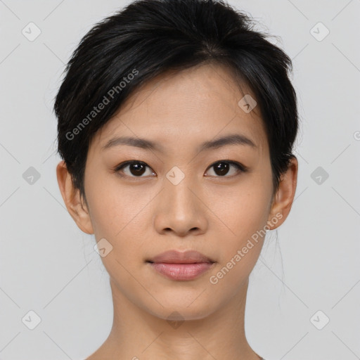 Neutral asian young-adult female with short  brown hair and brown eyes