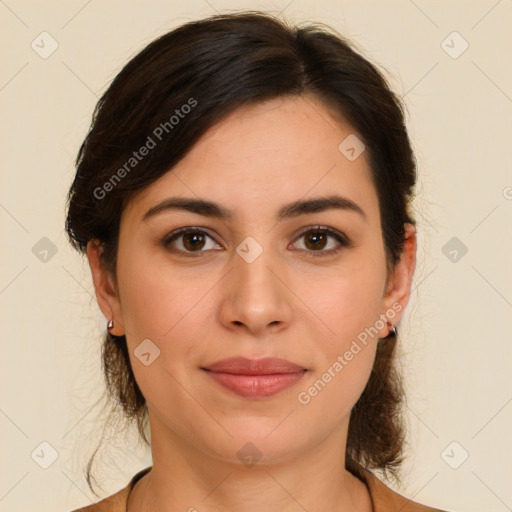 Joyful white young-adult female with medium  brown hair and brown eyes