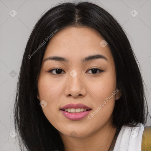 Joyful asian young-adult female with long  brown hair and brown eyes