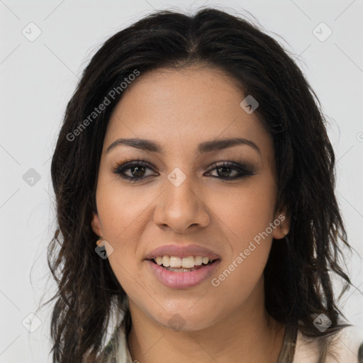 Joyful latino young-adult female with long  brown hair and brown eyes