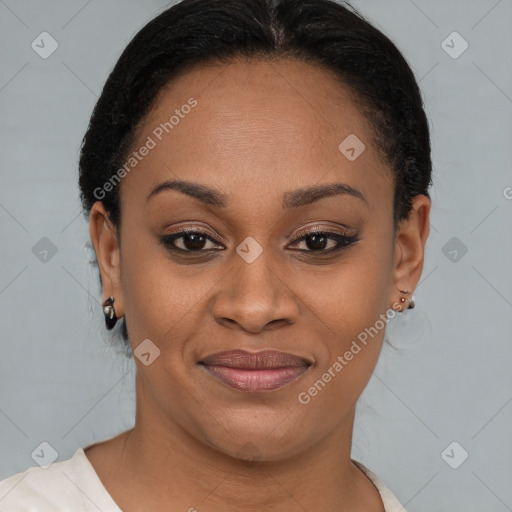 Joyful latino young-adult female with short  brown hair and brown eyes