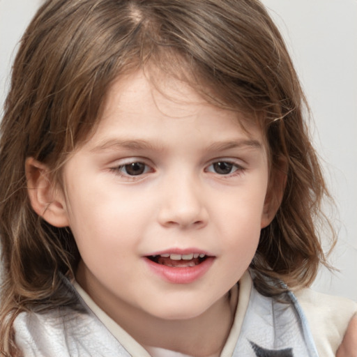 Joyful white child female with medium  brown hair and brown eyes