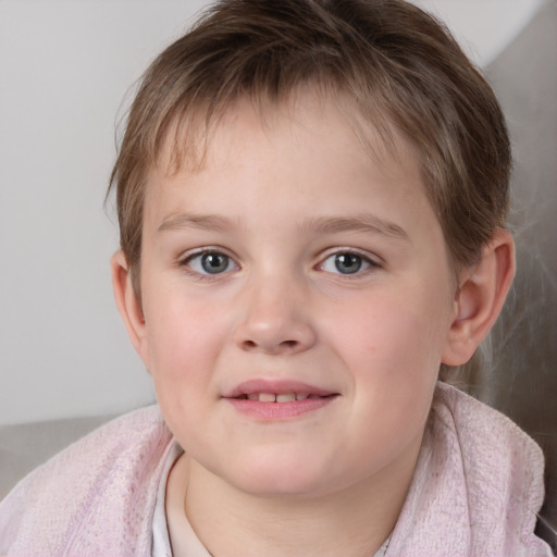 Joyful white child female with medium  brown hair and grey eyes