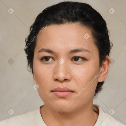 Neutral latino young-adult female with short  black hair and brown eyes