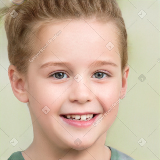 Joyful white child female with short  brown hair and brown eyes