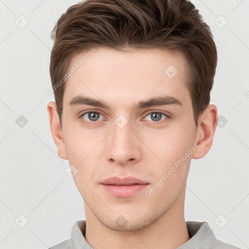 Neutral white young-adult male with short  brown hair and brown eyes